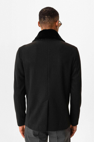 Men's black fur collar, double-breasted coat - 6