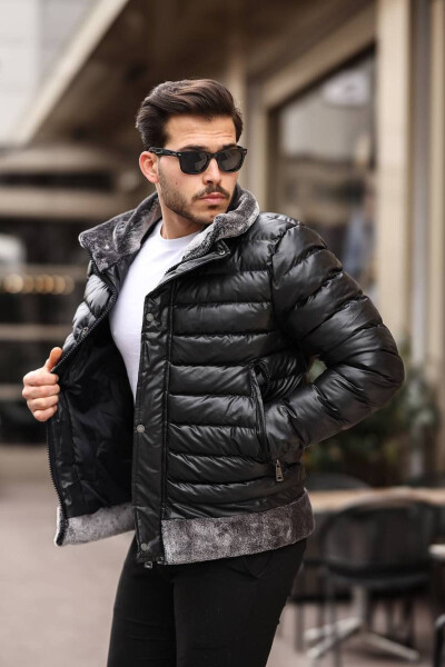 Men's Black Fur Detailed LFN Puffer Leather Jacket - 1