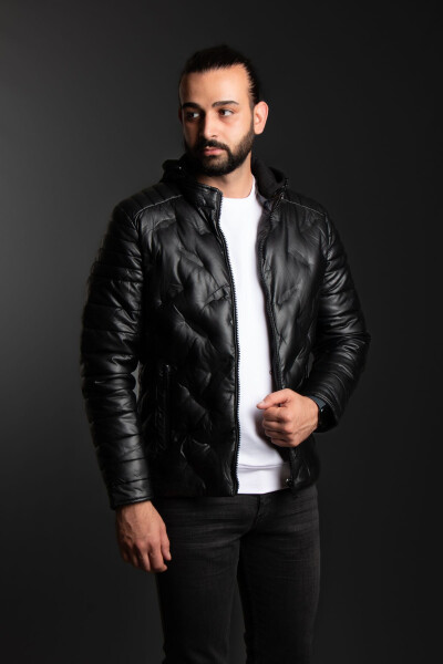 Men's Black Hooded Leather Jacket - 1