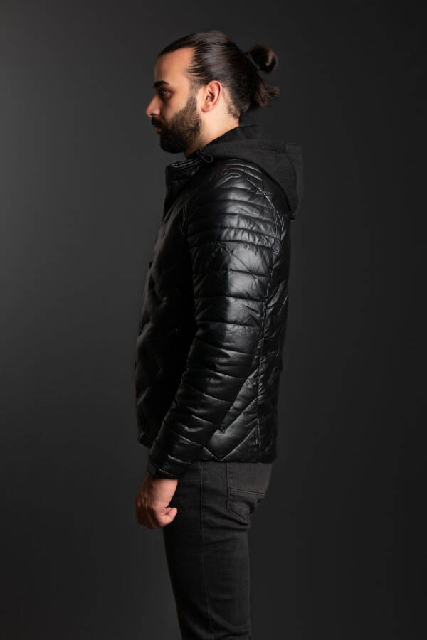 Men's Black Hooded Leather Jacket - 3