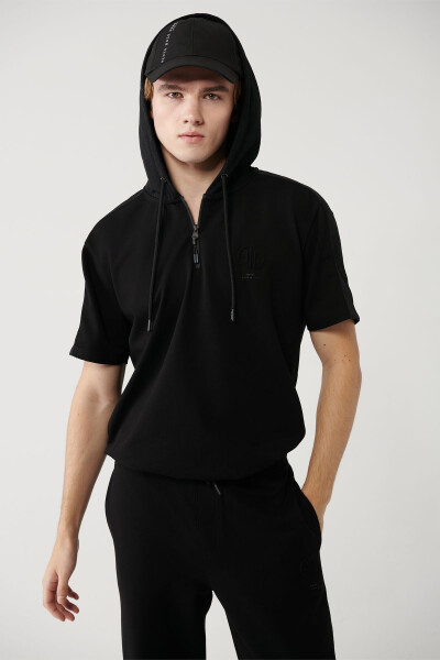 Men's Black Hooded Neck Jersey Trimmed Regular Fit T-shirt A41y1233 - 1