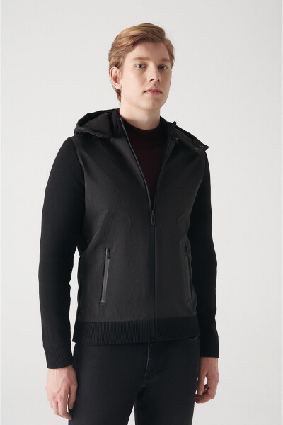 Men's Black Hooded Wool Coat - 6