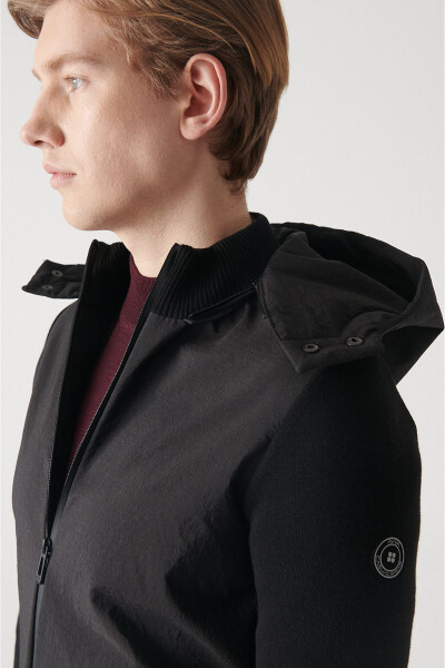 Men's Black Hooded Wool Coat - 7