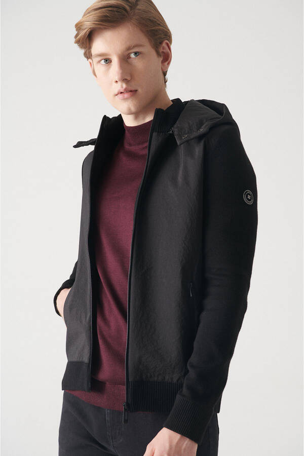 Men's Black Hooded Wool Coat - 8