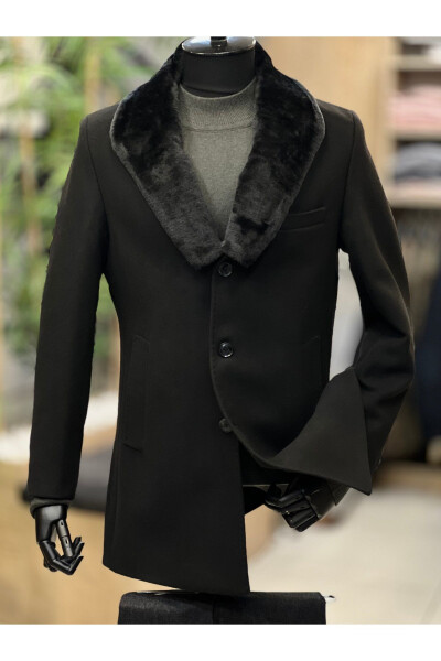 Men's black jacket with detachable fur collar, regular fit, mid-length coat. - 1