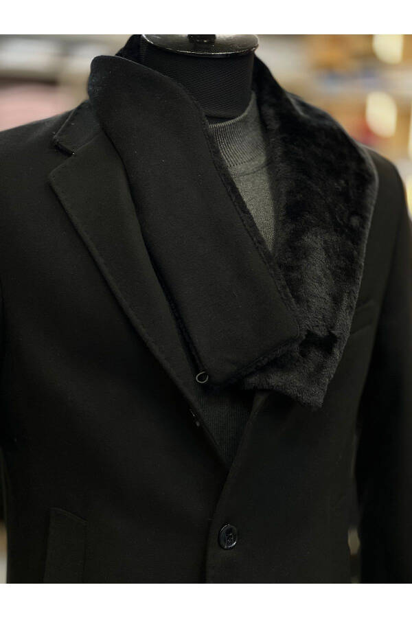 Men's black jacket with detachable fur collar, regular fit, mid-length coat. - 6