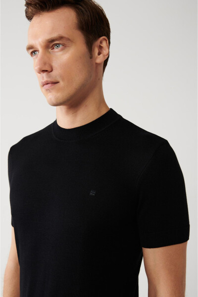 Men's Black Knit T-Shirt Half Fisherman Collar Short Sleeve Regular Fit B005025 - 3