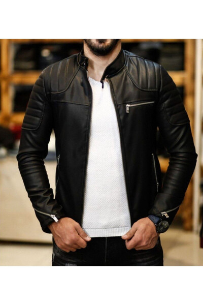 Men's Black Leather Jacket with Shoulder Stripes New Season - 2