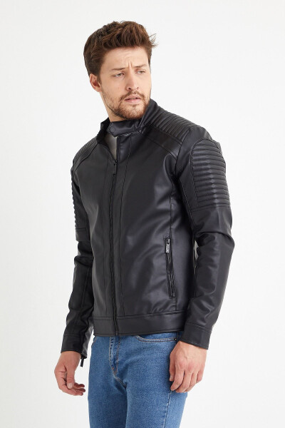 Men's Black Leather Waterproof Windproof Leather Jacket - 5