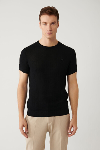 Men's Black Modal Knit T-Shirt Crew Neck Textured Ribbed Regular Fit B005010 - 8