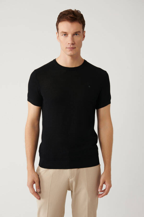 Men's Black Modal Knit T-Shirt Crew Neck Textured Ribbed Regular Fit B005010 - 8