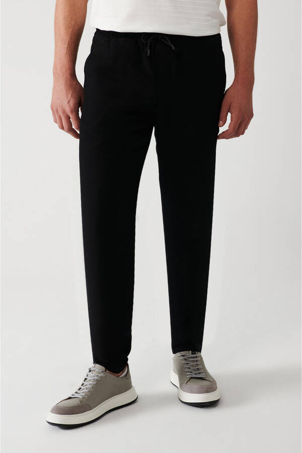 Men's Black Pants with Side Pockets, Elastic Waist, Linen Texture, Relaxed Fit E003052 - 9