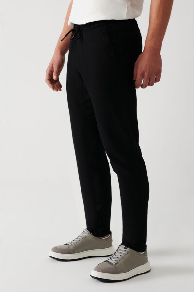 Men's Black Pants with Side Pockets, Elastic Waist, Linen Texture, Relaxed Fit E003052 - 10