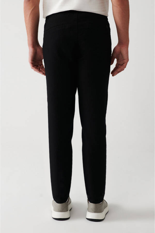 Men's Black Pants with Side Pockets, Elastic Waist, Linen Texture, Relaxed Fit E003052 - 11