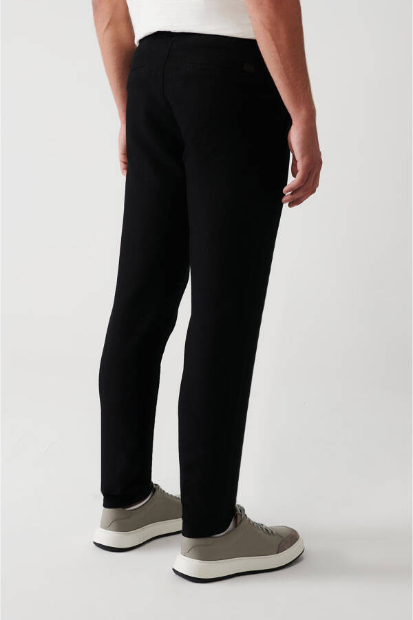 Men's Black Pants with Side Pockets, Elastic Waist, Linen Texture, Relaxed Fit E003052 - 12