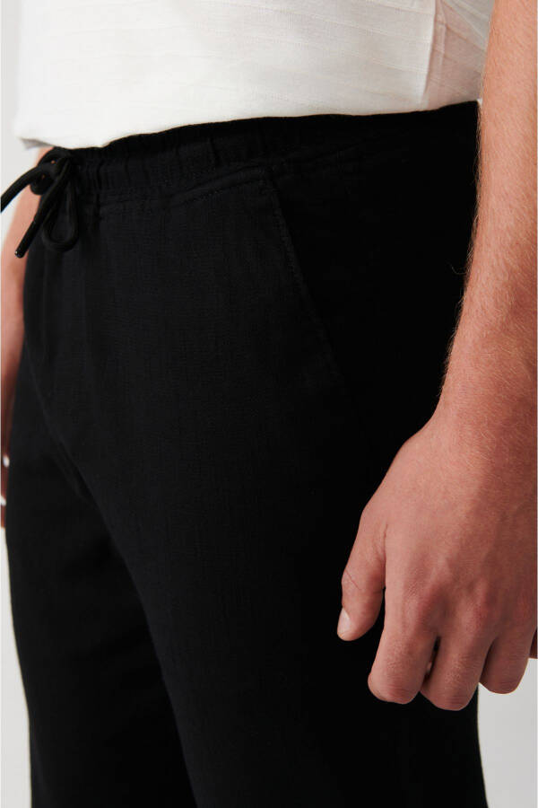 Men's Black Pants with Side Pockets, Elastic Waist, Linen Texture, Relaxed Fit E003052 - 13