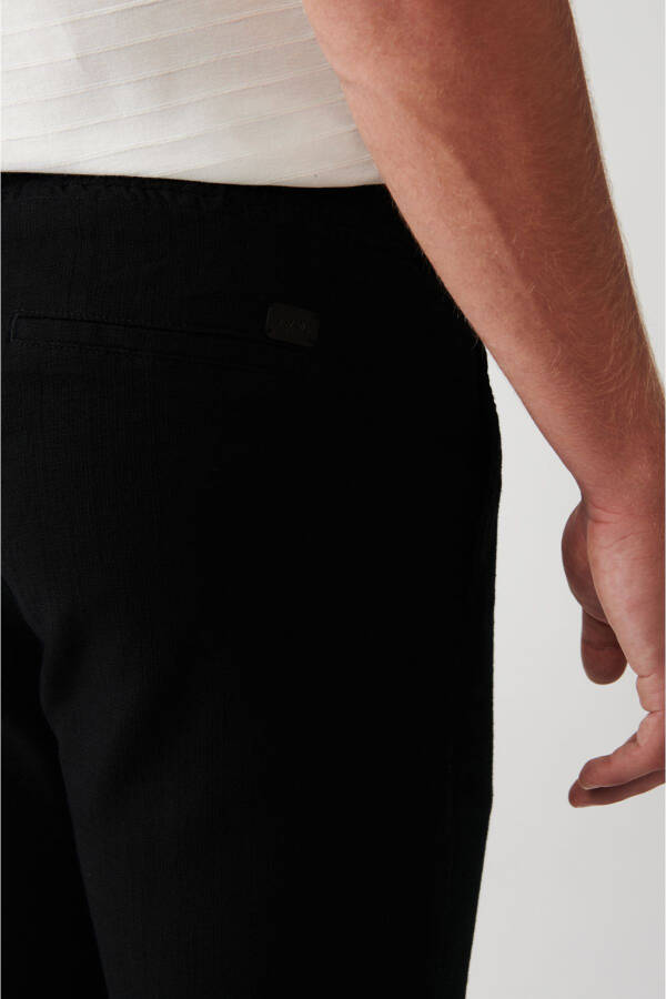 Men's Black Pants with Side Pockets, Elastic Waist, Linen Texture, Relaxed Fit E003052 - 14