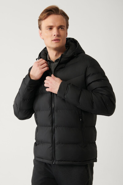 Men's Black Puffer Jacket Water Repellent Windproof Quilted Hooded Comfort Fit E006011 - 1