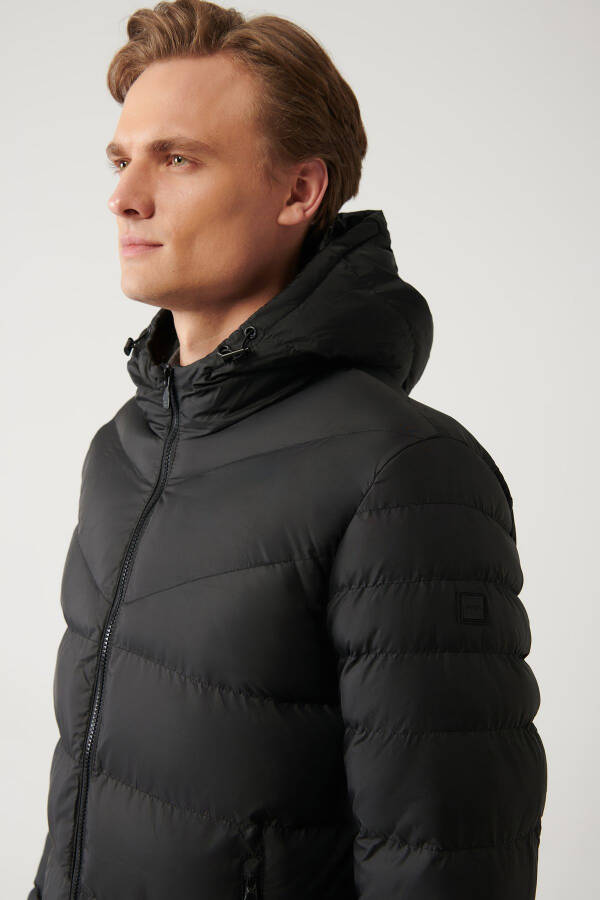 Men's Black Puffer Jacket Water Repellent Windproof Quilted Hooded Comfort Fit E006011 - 2