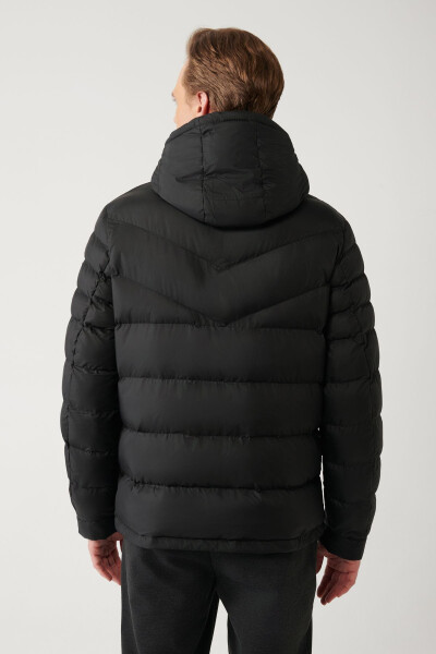 Men's Black Puffer Jacket Water Repellent Windproof Quilted Hooded Comfort Fit E006011 - 4