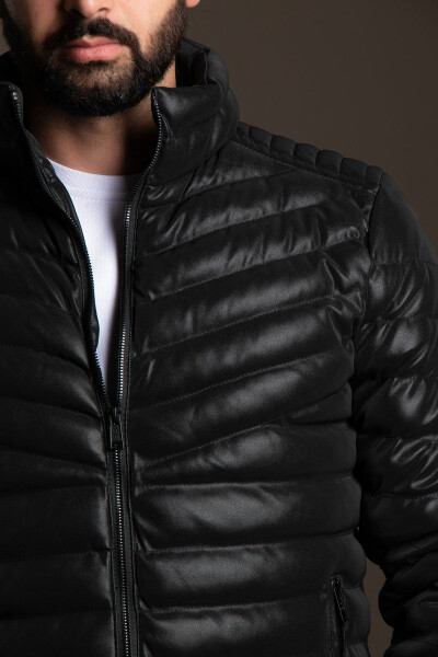 Men's Black Puffer Leather Jacket - 3