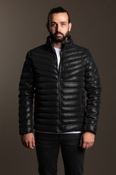 Men's Black Puffer Leather Jacket - 5