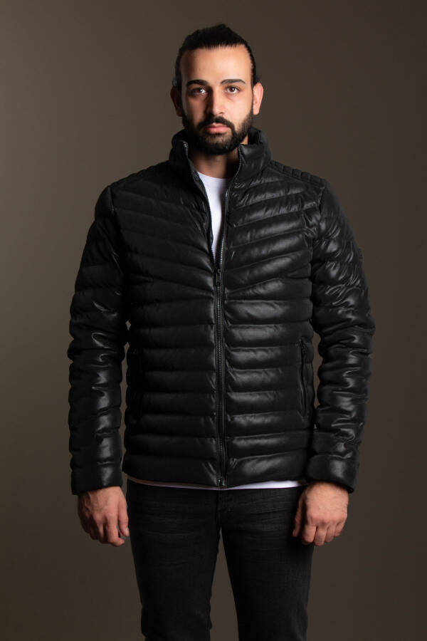 Men's Black Puffer Leather Jacket - 5