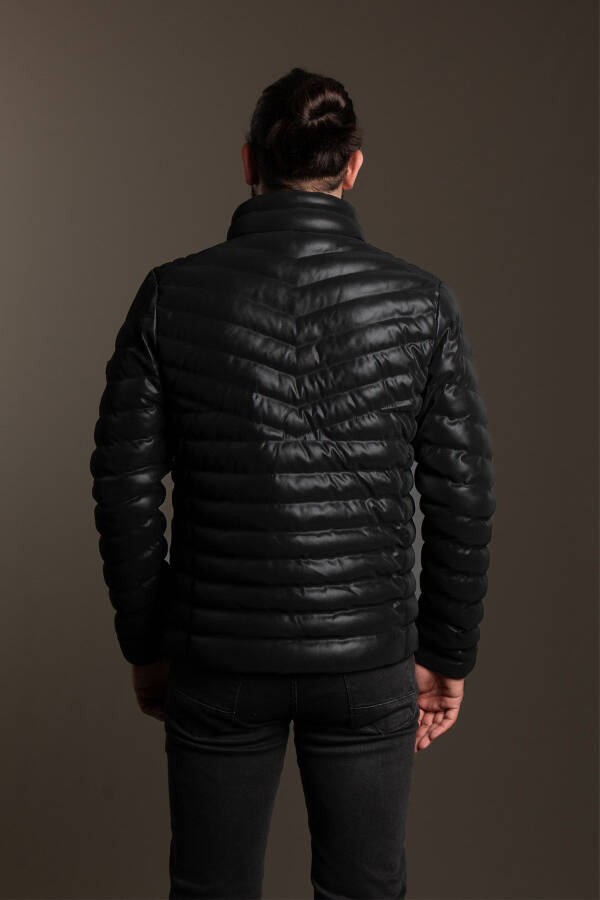 Men's Black Puffer Leather Jacket - 6