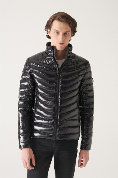 Men's Black Puffer Unisex Jacket Down Feather Water Repellent Windproof Glossy Comfort Fit E006015 - 6