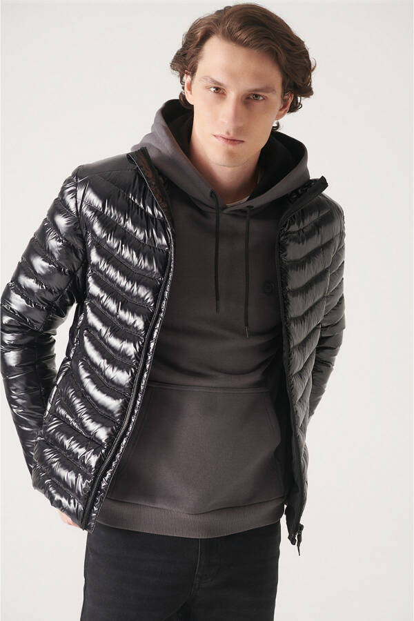 Men's Black Puffer Unisex Jacket Down Feather Water Repellent Windproof Glossy Comfort Fit E006015 - 8