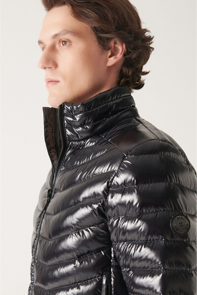 Men's Black Puffer Unisex Jacket Down Feather Water Repellent Windproof Glossy Comfort Fit E006015 - 2