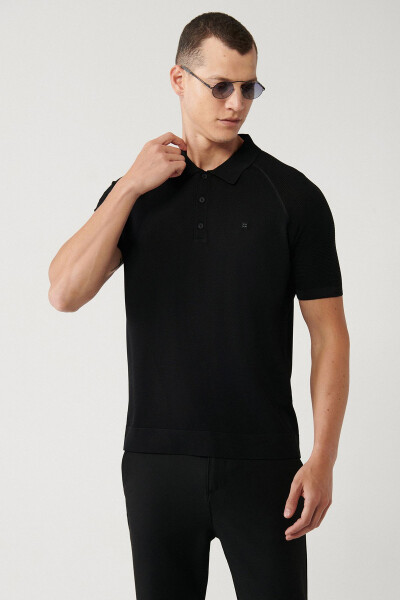 Men's Black Rayon Knit T-shirt Polo Collar Knitted Sleeves Detailed Regular Fit A32y5018 - 6