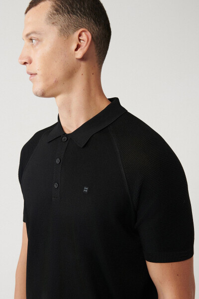 Men's Black Rayon Knit T-shirt Polo Collar Knitted Sleeves Detailed Regular Fit A32y5018 - 7