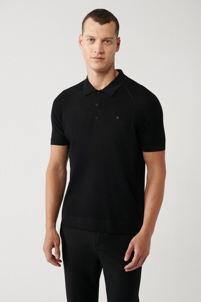 Men's Black Rayon Knit T-shirt Polo Collar Knitted Sleeves Detailed Regular Fit A32y5018 - 8