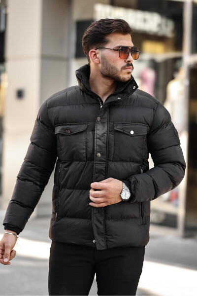 Men's Black Regular Fit Stand Collar Water and Windproof Puffer Jacket - 1