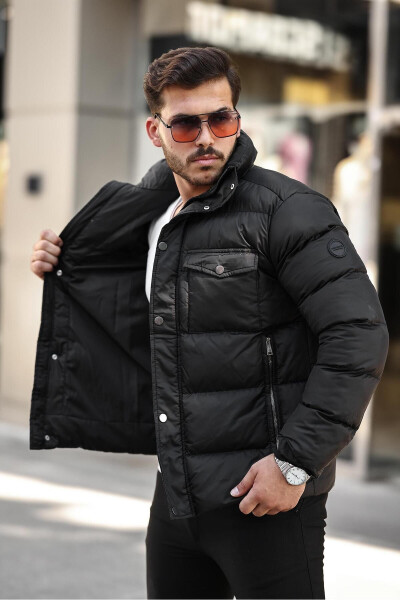 Men's Black Regular Fit Stand Collar Water and Windproof Puffer Jacket - 4