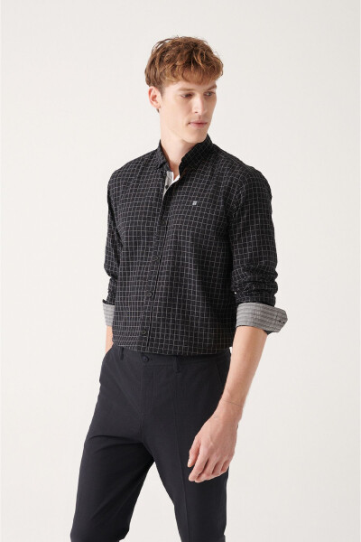 Men's Black Seersucker Cotton Plaid Slim Fit Narrow Cut Shirt A31y2214 - 6