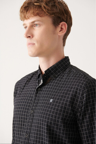 Men's Black Seersucker Cotton Plaid Slim Fit Narrow Cut Shirt A31y2214 - 7