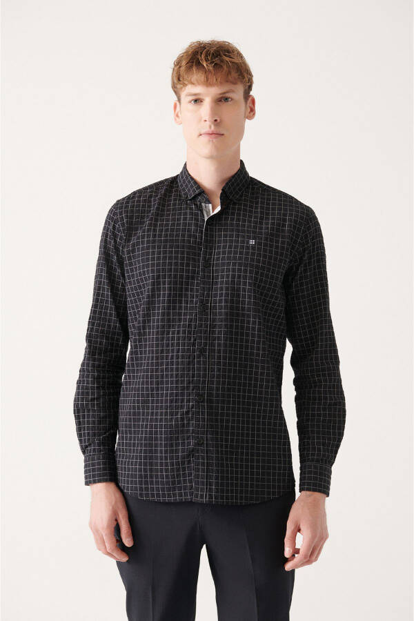 Men's Black Seersucker Cotton Plaid Slim Fit Narrow Cut Shirt A31y2214 - 8