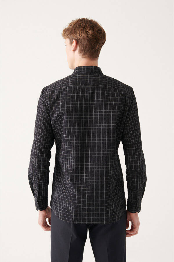 Men's Black Seersucker Cotton Plaid Slim Fit Narrow Cut Shirt A31y2214 - 9