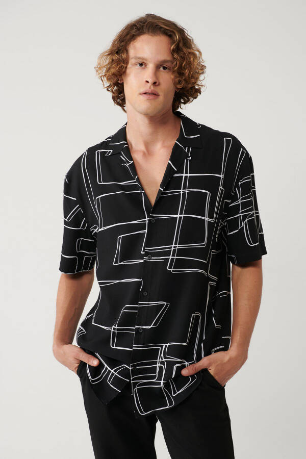 Men's Black Shirt Apaj Collar Printed Viscose Oversize Fit A41y2149 - 8