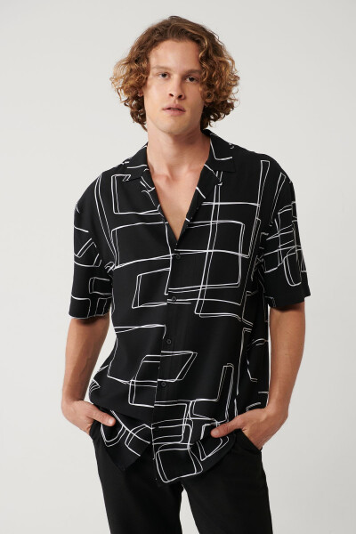 Men's Black Shirt Apaj Collar Printed Viscose Oversize Fit A41y2149 - 3