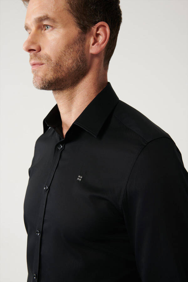 Men's Black Shirt Classic Collar 100% Cotton Satin Slim Fit B002006 - 7