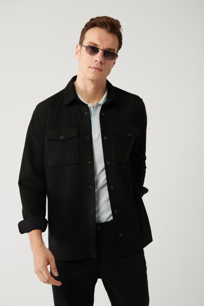 Men's Black Shirt Jacket Classic Collar Suede Look Front Button Pockets Comfort Fit A41y6010 - 6