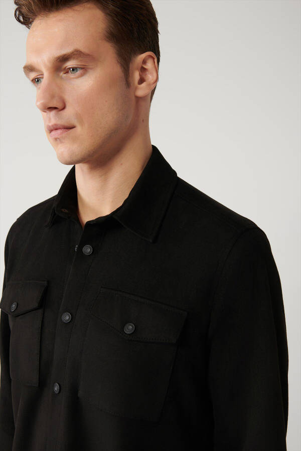 Men's Black Shirt Jacket Classic Collar Suede Look Front Button Pockets Comfort Fit A41y6010 - 7