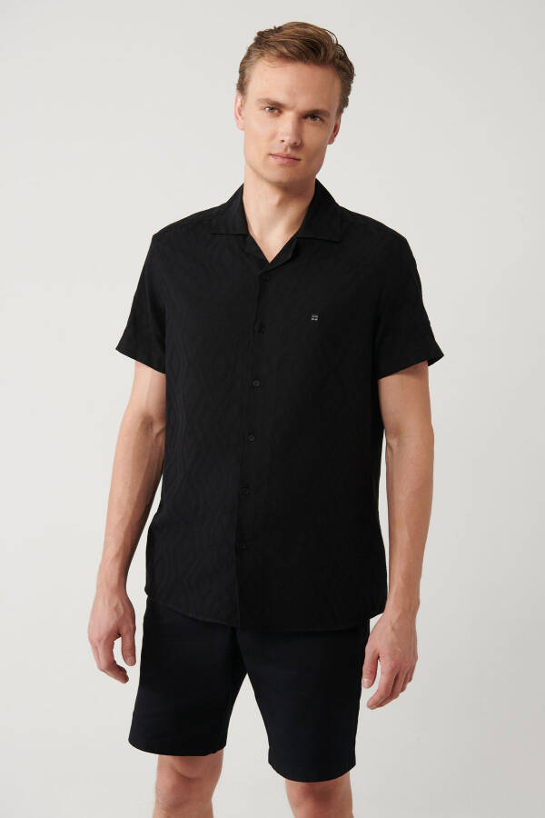 Men's Black Shirt Spread Collar Short Sleeve Jacquard Textured Regular Fit A41y2092 - 6