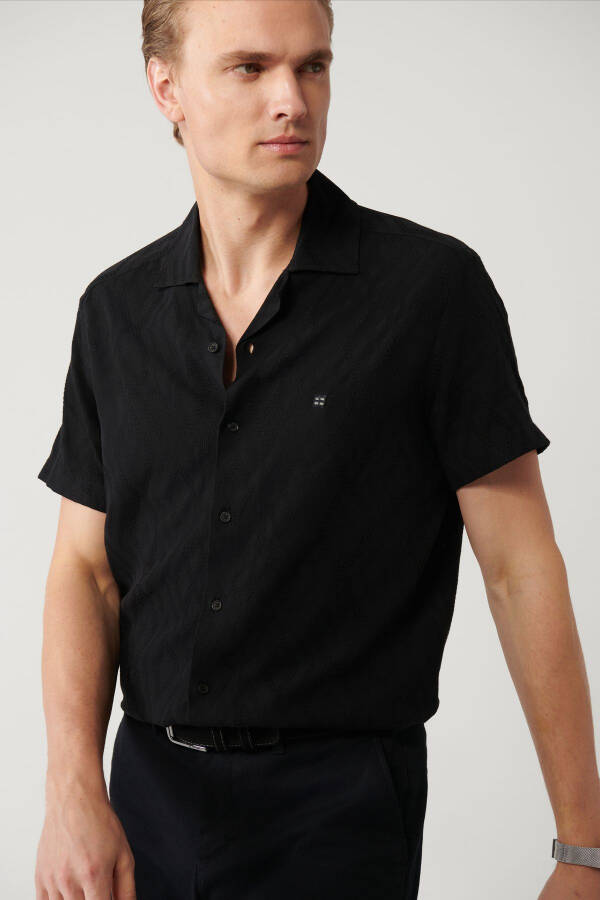 Men's Black Shirt Spread Collar Short Sleeve Jacquard Textured Regular Fit A41y2092 - 8