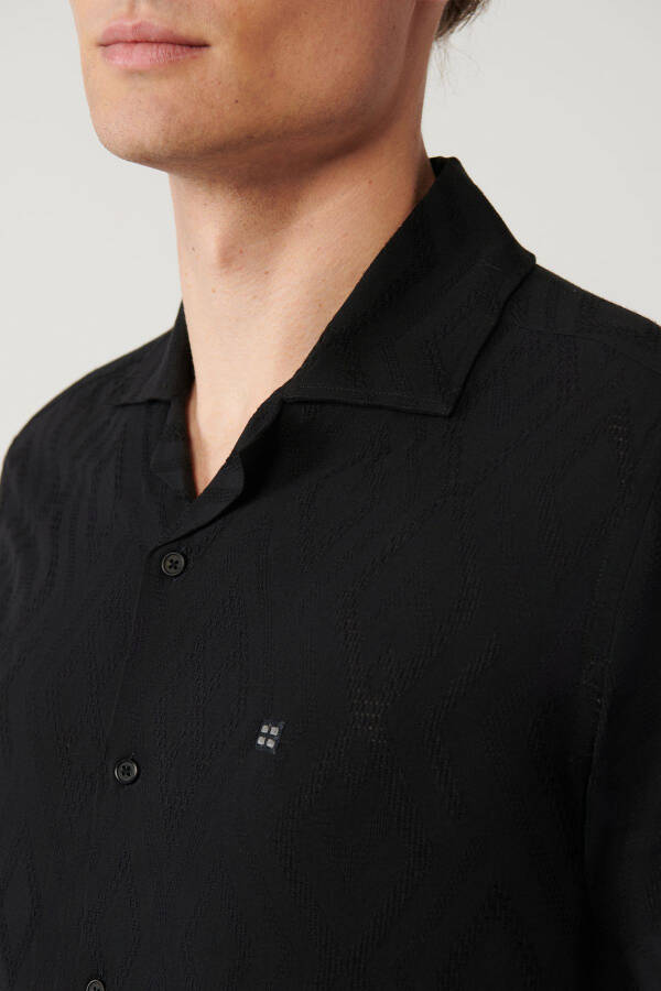 Men's Black Shirt Spread Collar Short Sleeve Jacquard Textured Regular Fit A41y2092 - 2