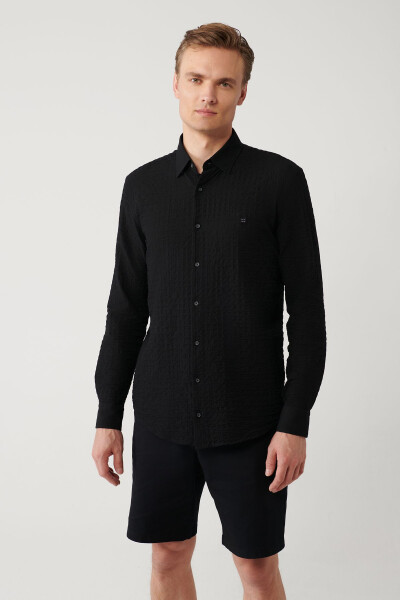 Men's Black Shirt with British Collar Gofre Regular Fit A41y2060 - 6