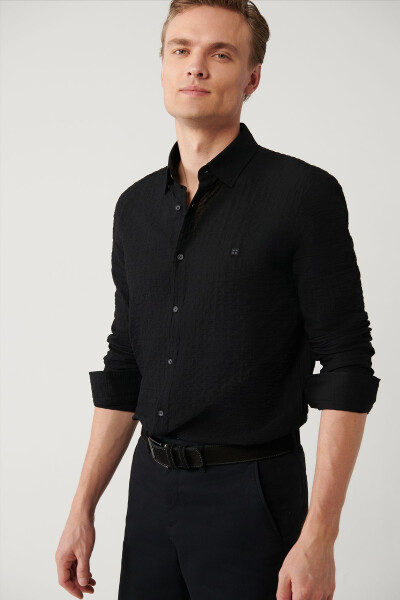 Men's Black Shirt with British Collar Gofre Regular Fit A41y2060 - 8